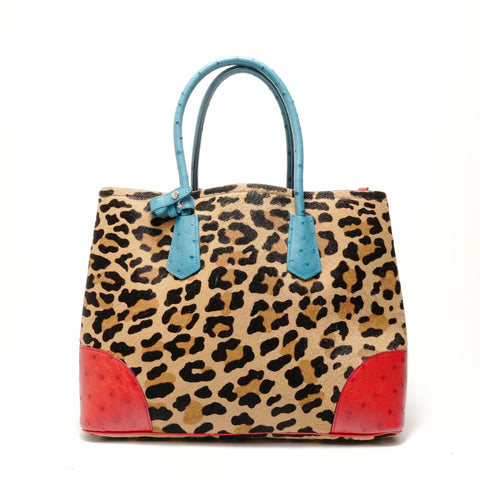 PRADA Leopard Haircalf Ostrich 2-Way Bag Handbag Brown WS28931