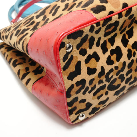 PRADA Leopard Haircalf Ostrich 2-Way Bag Handbag Brown WS28931