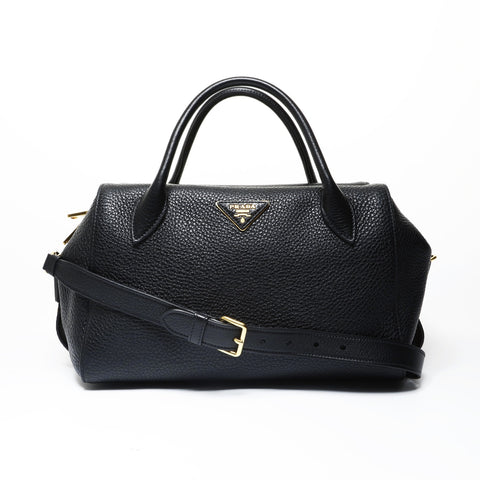PRADA Vitello Daino Leather Duffle Bag 2-Way Shoulder Bag black WS28951