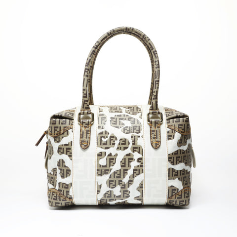 FENDI ZUCCA Leopard Pattern PVC Handbag Brown WS28990