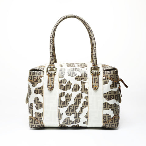FENDI ZUCCA Leopard Pattern PVC Handbag Brown WS28990
