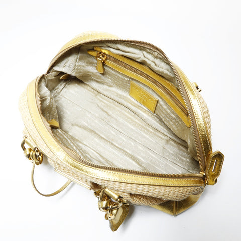 PRADA Raffia basket bag with leather chain shoulder Shoulder Bag gold WS28994