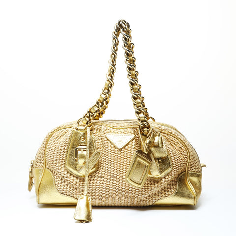 PRADA Raffia basket bag with leather chain shoulder Shoulder Bag gold WS28994