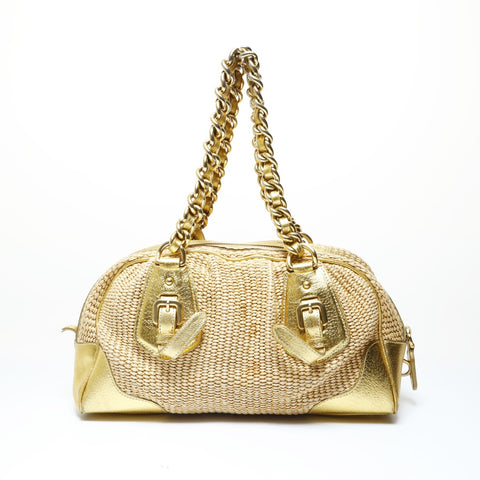 PRADA Raffia basket bag with leather chain shoulder Shoulder Bag gold WS28994