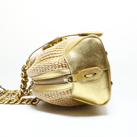 PRADA Raffia basket bag with leather chain shoulder Shoulder Bag gold WS28994