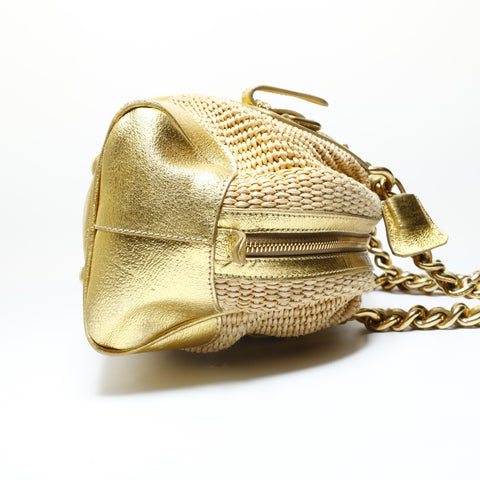 PRADA Raffia basket bag with leather chain shoulder Shoulder Bag gold WS28994