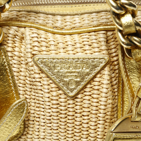 PRADA Raffia basket bag with leather chain shoulder Shoulder Bag gold WS28994