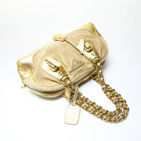 PRADA Raffia basket bag with leather chain shoulder Shoulder Bag gold WS28994