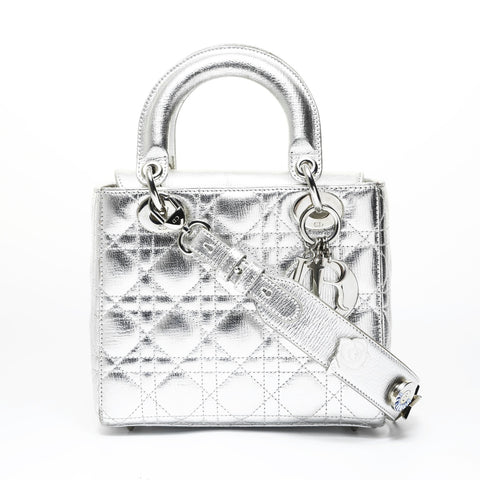 Christian Dior Lady Dior Metallic 2-way Shoulder Bag Silver WS29003