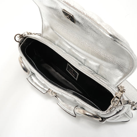 GUCCI Horsebit Chain 2WAY Leather Shoulder Bag Silver WS29066