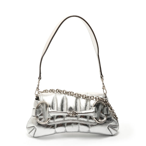 GUCCI Horsebit Chain 2WAY Leather Shoulder Bag Silver WS29066