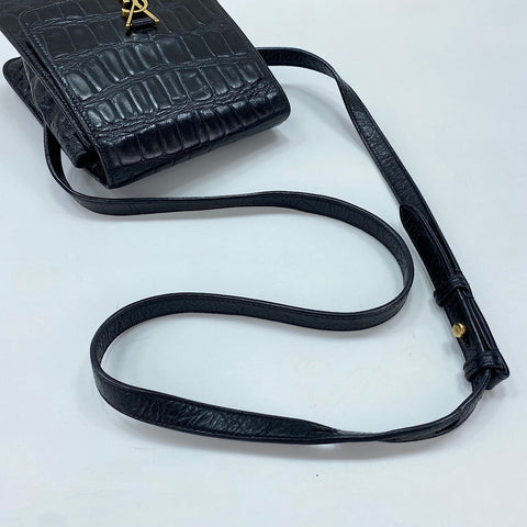 YVES SAINT LAURENT Sunset Cassandra Crocodile Embossed Shoulder Bag leather black WS30943