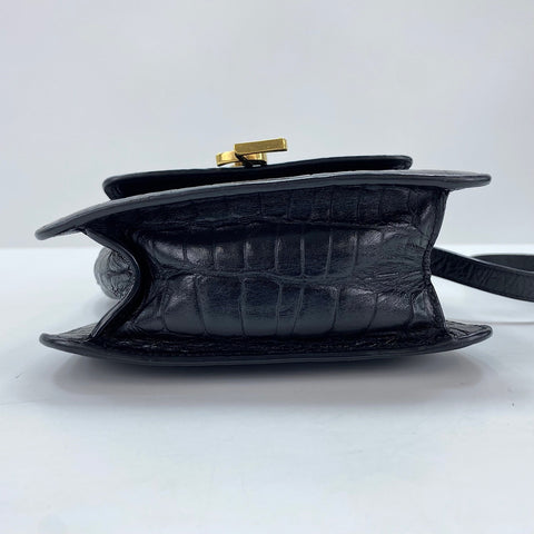 YVES SAINT LAURENT Sunset Cassandra Crocodile Embossed Shoulder Bag leather black WS30943