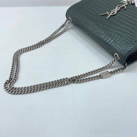 YVES SAINT LAURENT Kate Fringe, crocodile embossed Shoulder Bag leather green WS32364
