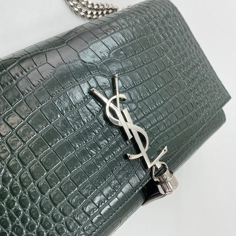 YVES SAINT LAURENT Kate Fringe, crocodile embossed Shoulder Bag leather green WS32364