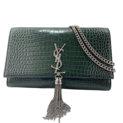 YVES SAINT LAURENT Kate Fringe, crocodile embossed Shoulder Bag leather green WS32364