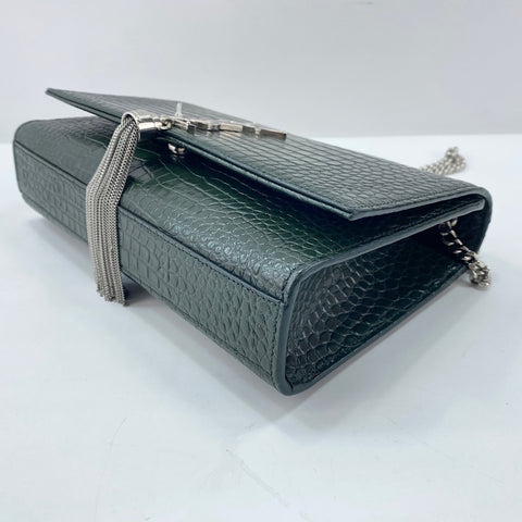 YVES SAINT LAURENT Kate Fringe, crocodile embossed Shoulder Bag leather green WS32364