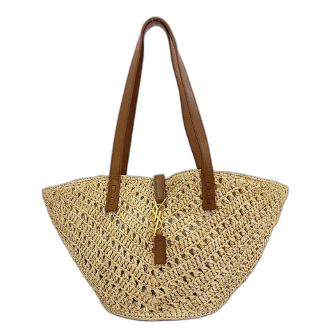 YVES SAINT LAURENT Panniers Tote Bag Raffia Brown WS32532