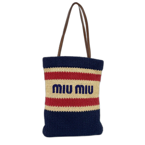 Miu Miu Raffia Cotton Raffia Effect Woven Embroidery Tote Bag multicolor WS32695