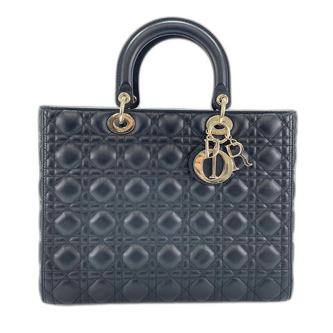 Christian Dior Lady Christian Dior Large Cannage 2WAY Handbag leather black WS32839
