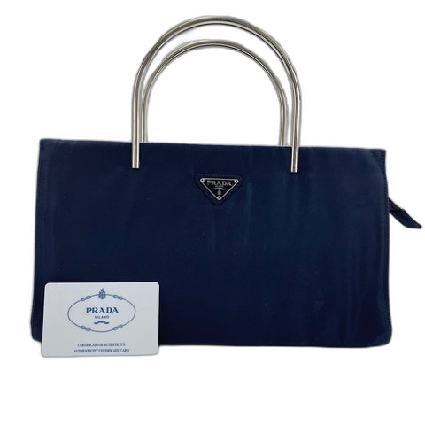 PRADA Metal handle, triangular plate Handbag Nylon Navy WS32867