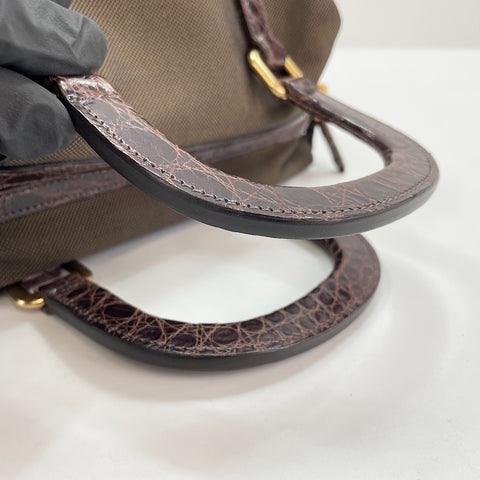 PRADA Logo jacquard crocodile embossed Handbag Brown WS32871
