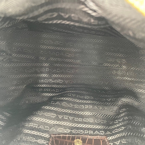 PRADA Logo jacquard crocodile embossed Handbag Brown WS32871