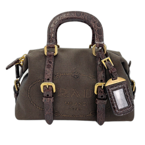 PRADA Logo jacquard crocodile embossed Handbag Brown WS32871