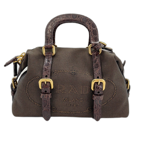 PRADA Logo jacquard crocodile embossed Handbag Brown WS32871