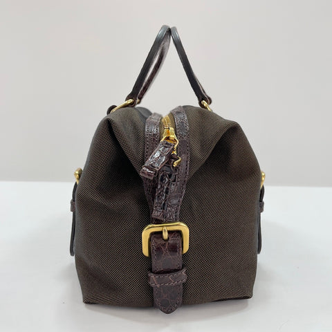 PRADA Logo jacquard crocodile embossed Handbag Brown WS32871