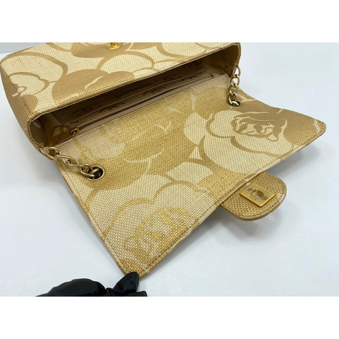 CHANEL Camellia print Shoulder Bag Raffia gold WS33226