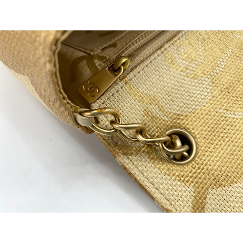 CHANEL Camellia print Shoulder Bag Raffia gold WS33226