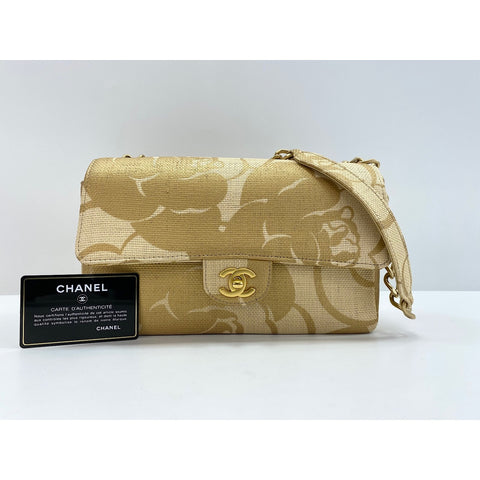 CHANEL Camellia print Shoulder Bag Raffia gold WS33226