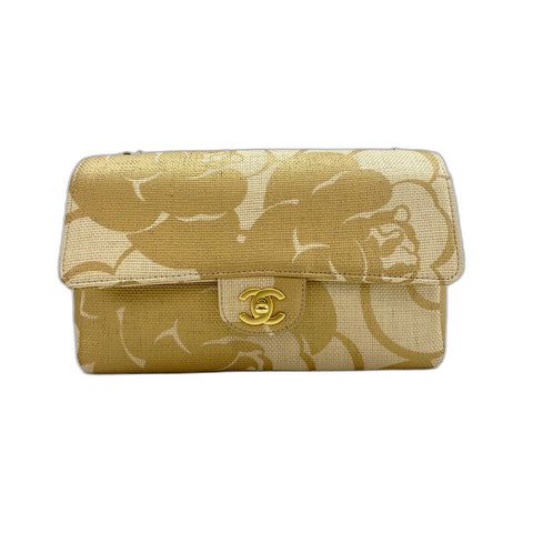 CHANEL Camellia print Shoulder Bag Raffia gold WS33226