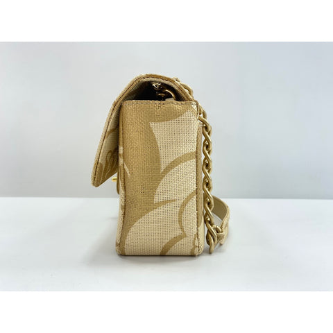 CHANEL Camellia print Shoulder Bag Raffia gold WS33226