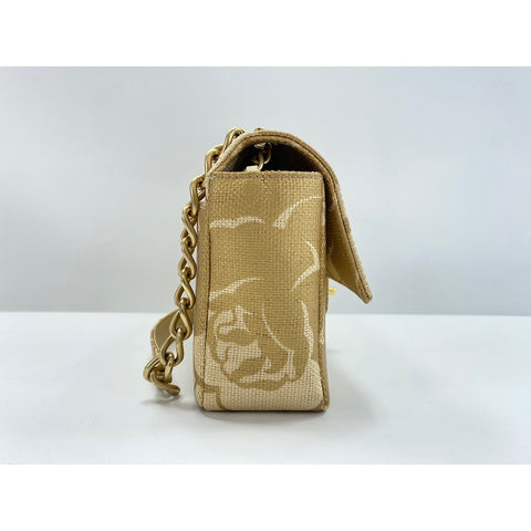 CHANEL Camellia print Shoulder Bag Raffia gold WS33226
