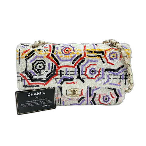 CHANEL Sequin Classic Flap Gold Metal Tweed Shoulder Bag multicolor WS34129
