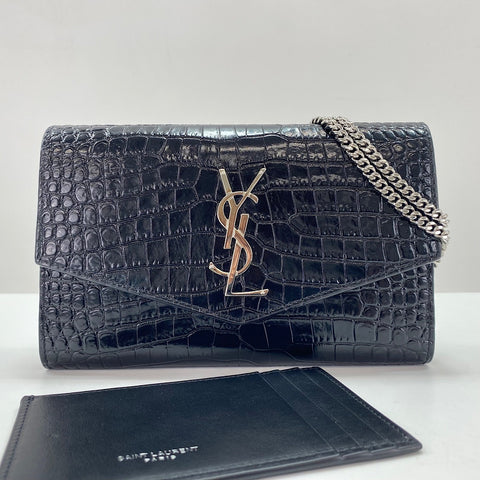 YVES SAINT LAURENT Croco embossed Shoulder Bag black WS35010