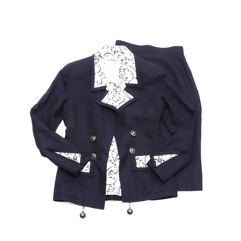 Chanel Coco Mark Jacke Rock Set Cotton Navy x Weiß WS3754