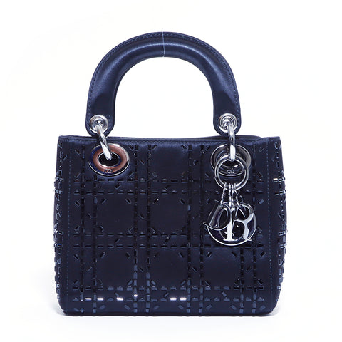 Christian Dior Lady Dior Satin Bijoux Canage Silver Hardware Handbag VINTAGE Used Classic Black WS4145