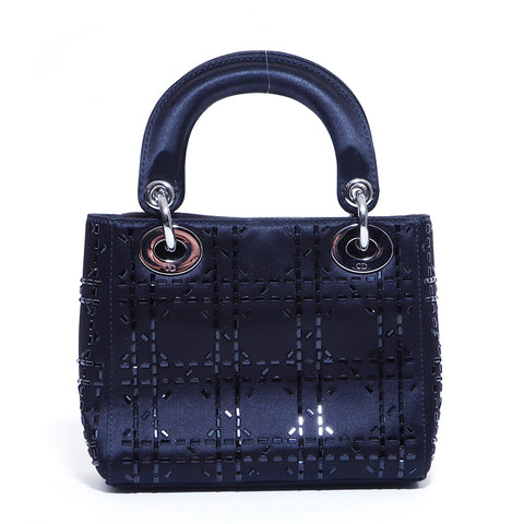 クリスチャンディオール Christian Dior レディーディオール Lady Dior サテン ビジュー カナージュ シルバー金具  ハンドバッグ VINTAGE 中古 定番 ブラック WS4145