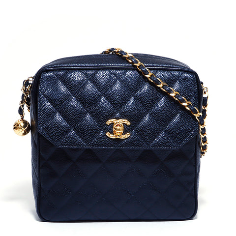 Chanel Coco Mark Matelasse Caviar Skin Turn Lock No. 2 Square Chain Shoulder Bag VINTAGE Used Classic 1990s 90s Black WS4154