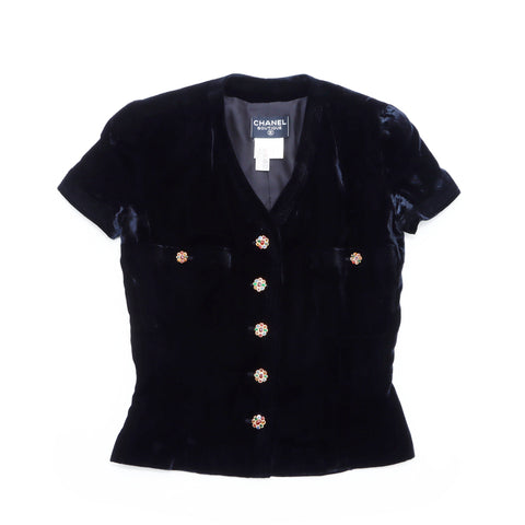 Chanel Gripore Button Velour 96A Short Sleeve Shirt Black WS4476
