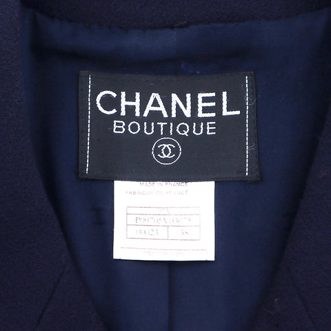 Chanel Coco Mark Button Long Jacket Suit Set-Up Skirt Made in 1997 Size38 Wool Silk Suit Navy WS4493