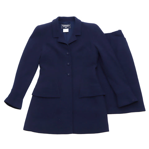 Chanel Coco Mark Button Long Jacket Suit Set-Up Skirt Made in 1997 Size38 Wool Silk Suit Navy WS4493