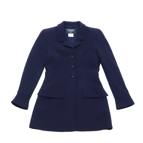 Chanel Coco Mark Button Long Jacket Jacket Suit Jupe Fabriqué en 1997 Taille38 Suit en soie en laine Navy WS4493