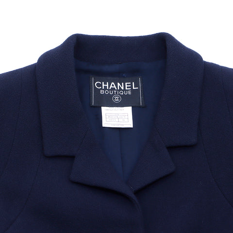 Chanel Coco Mark Button Long Jacket Suit Set-Up Skirt Made in 1997 Size38 Wool Silk Suit Navy WS4493