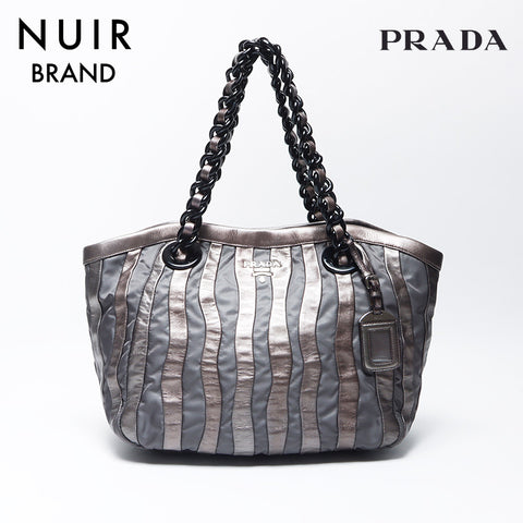 プラダ PRADA ナイロン レザーチェーン シルバー金具 トートバッグ レザー グレー WS4583