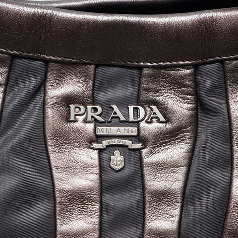 PRADA Nylon Leather Chain Silver Metal Tote Bag leather gray WS4583