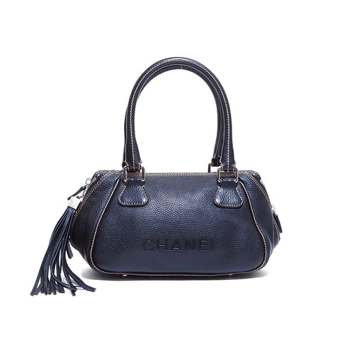 香奈儿可可标记徽标银色硬件迷你波士顿缝制条纹号2003-2004手提包黑色WS4589